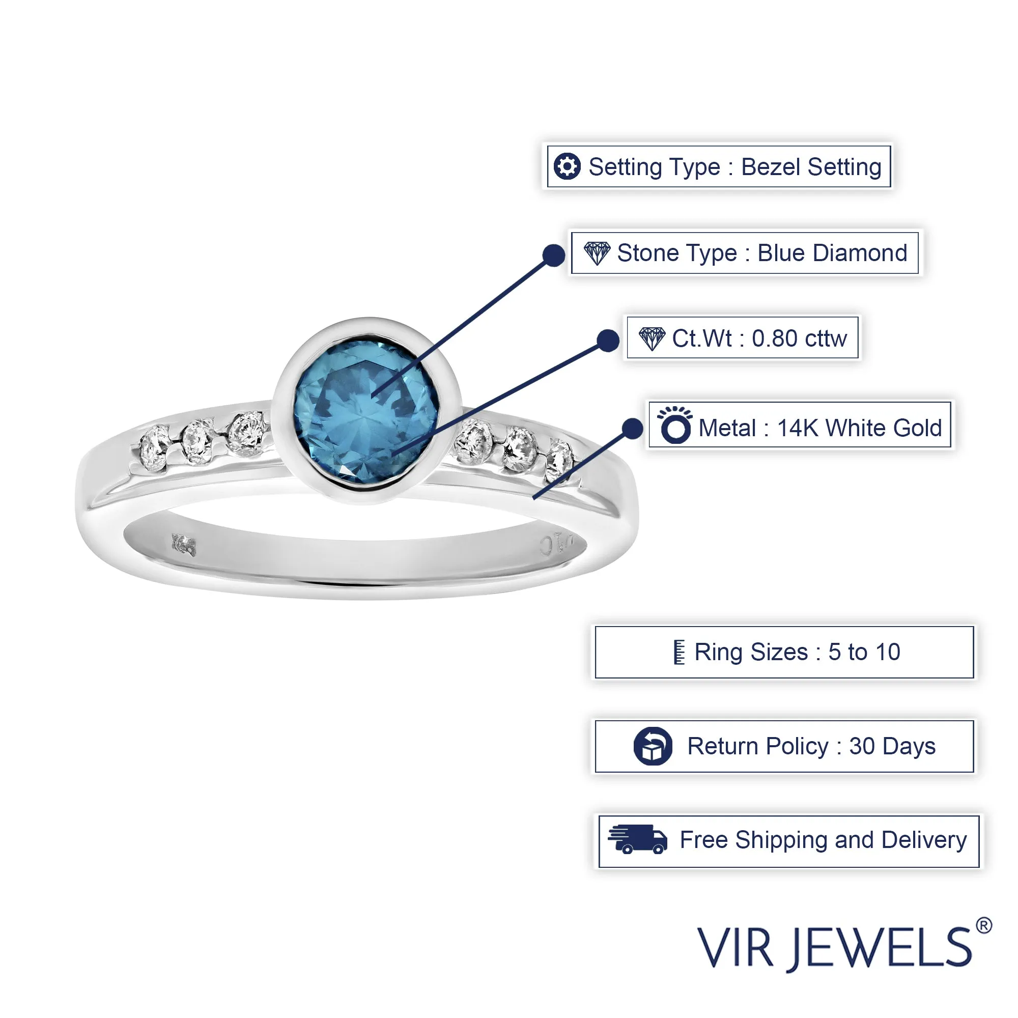 0.80 cttw Blue and White Diamond Engagement Ring 14K White Gold