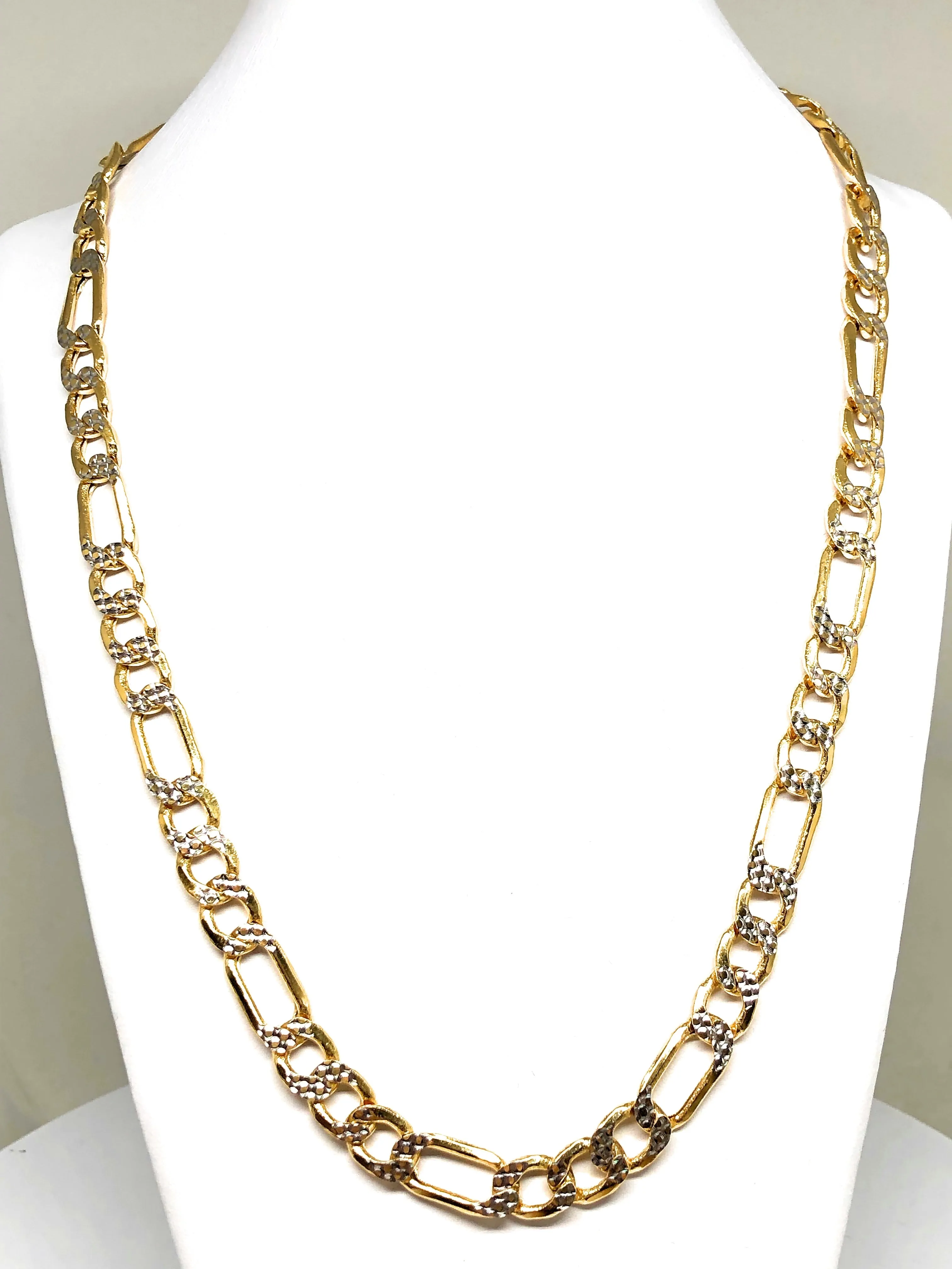 10k Solid Gold Figaro Chain DIAMOND CUT (WHITE GOLD) 26-28 inch 9.3mm (Semi-Hollow Style) (32-37g)