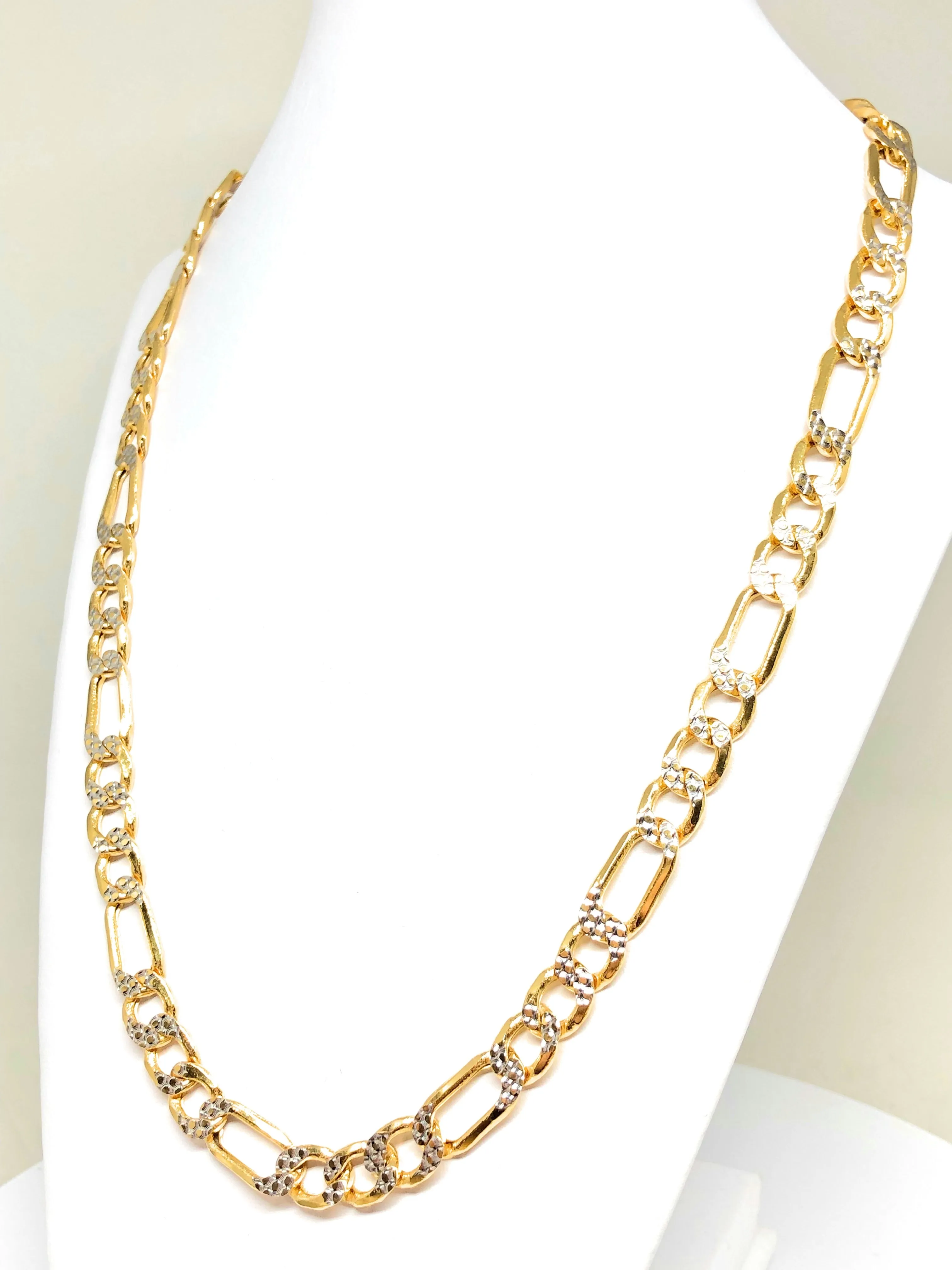 10k Solid Gold Figaro Chain DIAMOND CUT (WHITE GOLD) 26-28 inch 9.3mm (Semi-Hollow Style) (32-37g)