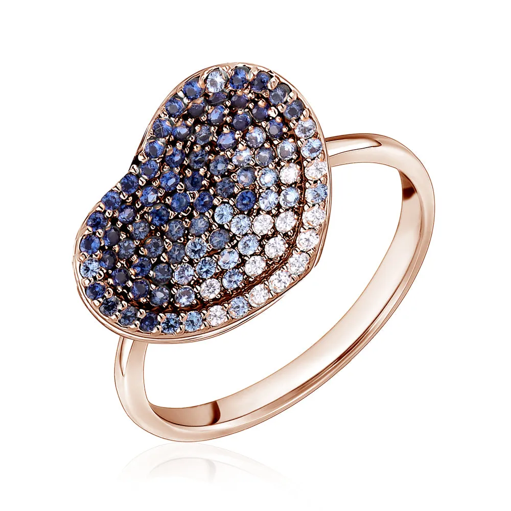 14K Rose Gold Large Heart Ring Red Pink or Blue Pave Simulated Sapphire for Girls and Women Italy