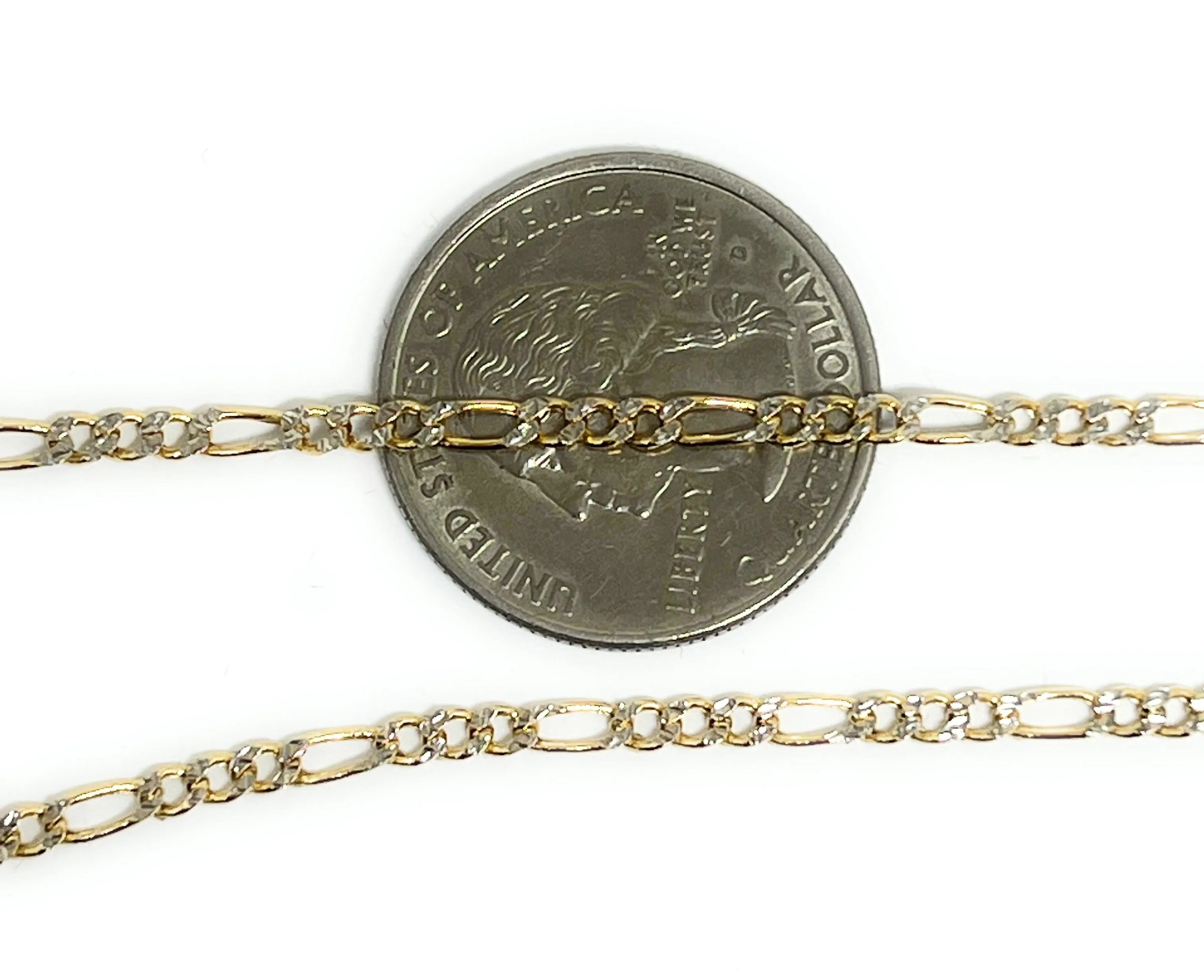 14k Solid Gold Figaro Diamond Cut (White Gold) Chain 18-24 inches 2.5mm (Semi-Hollow Style)