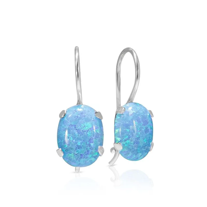 14K White Gold Blue Opal Oval Dangle Earrings