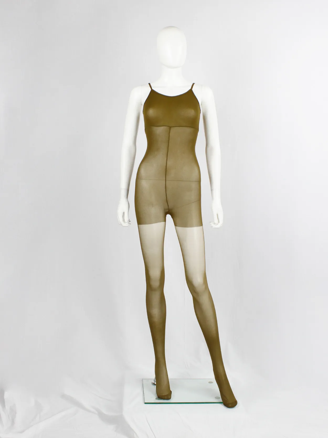 A.F. Vandevorst Nightfall khaki pantyhose catsuit with reinforced top — fall 1998