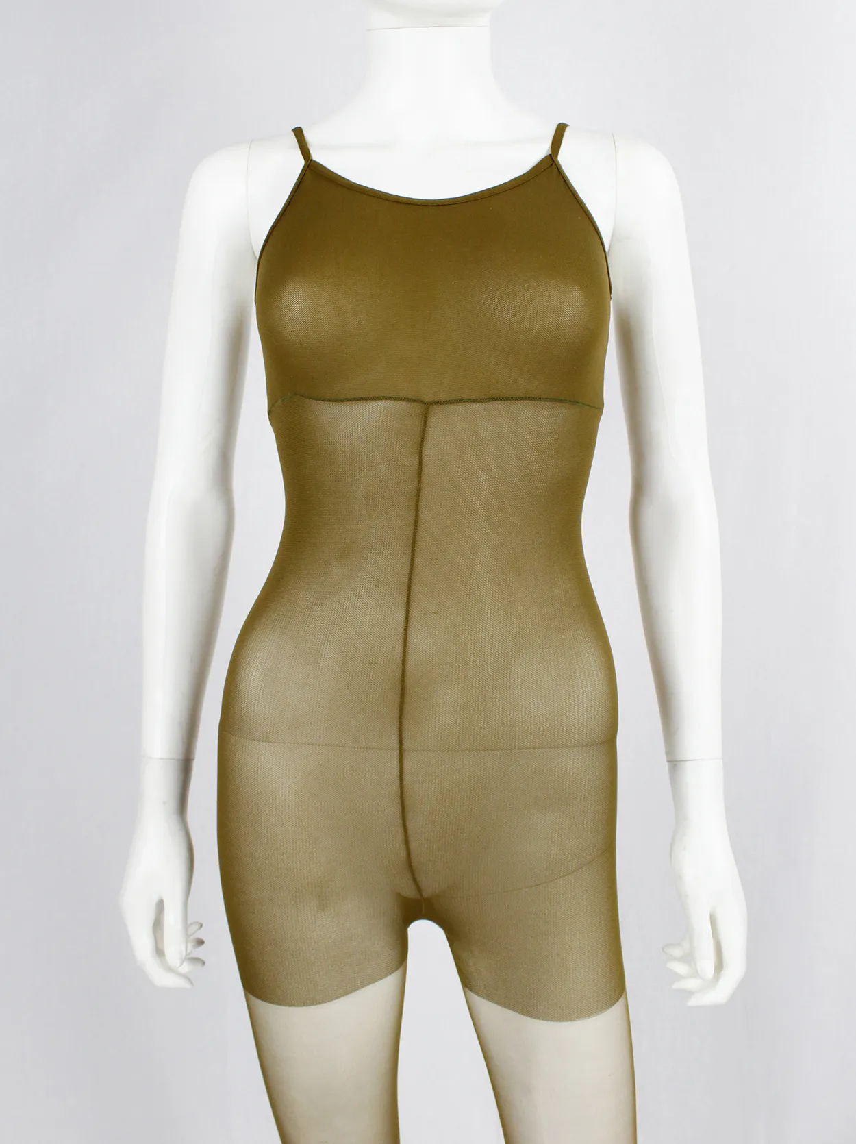 A.F. Vandevorst Nightfall khaki pantyhose catsuit with reinforced top — fall 1998