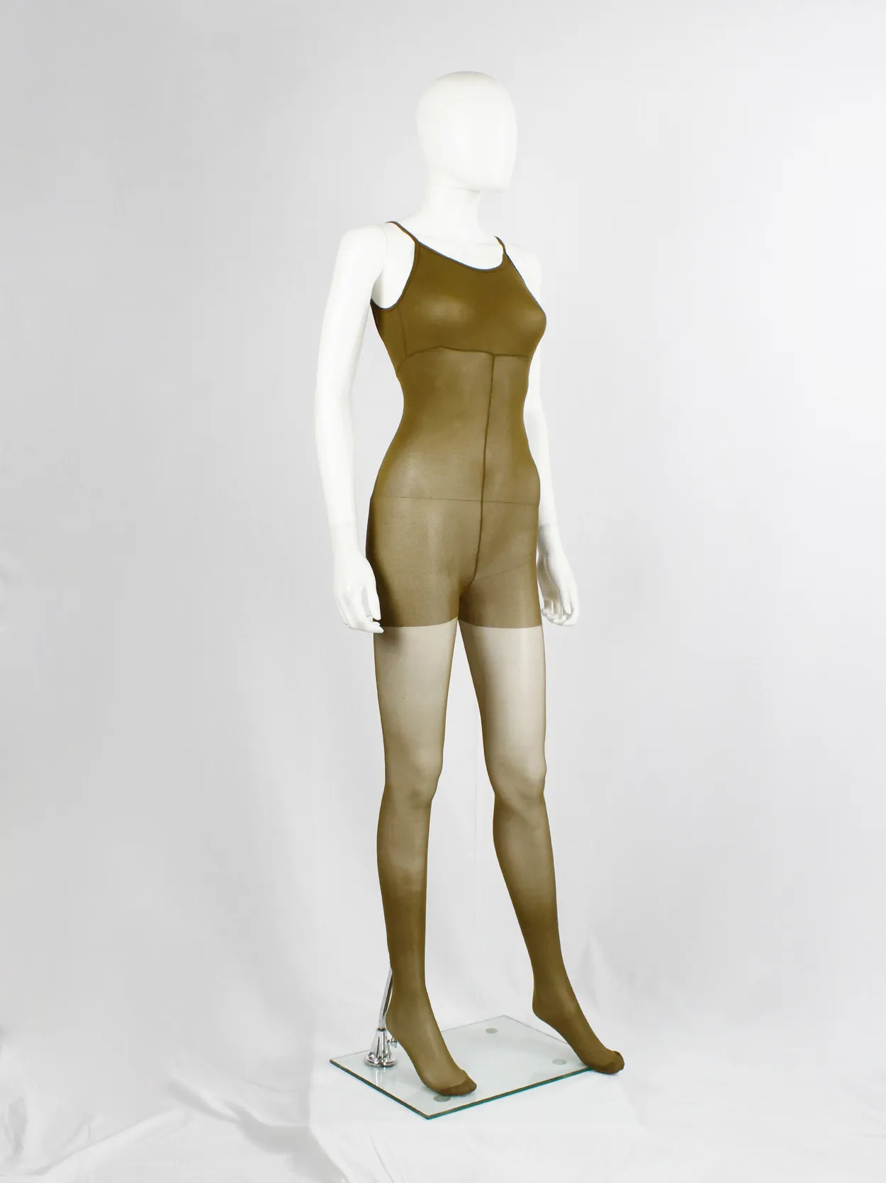 A.F. Vandevorst Nightfall khaki pantyhose catsuit with reinforced top — fall 1998