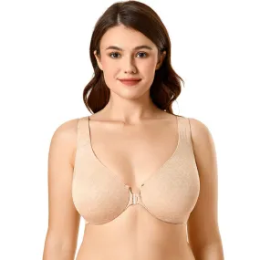 Beige Printed Front Closure Underwire Full Coverage Bra for Women