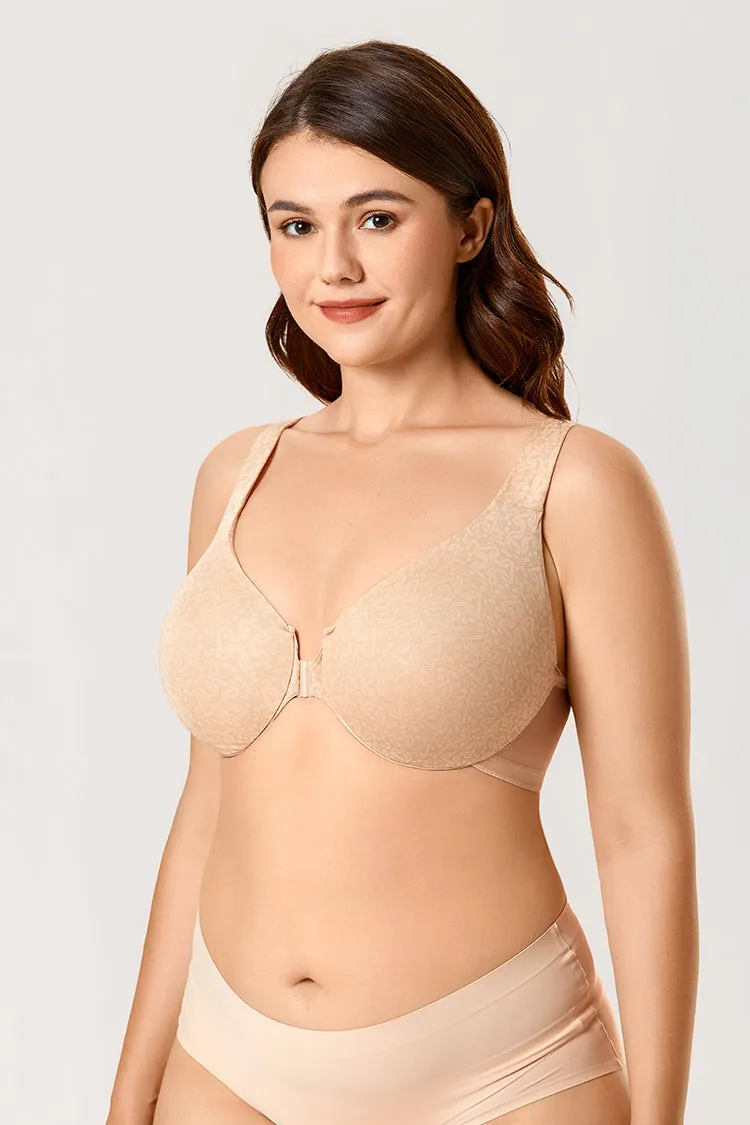 Beige Printed Front Closure Underwire Full Coverage Bra for Women