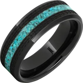 Black Diamond Ceramic Turquoise Ring with Eagle Feather Engraving