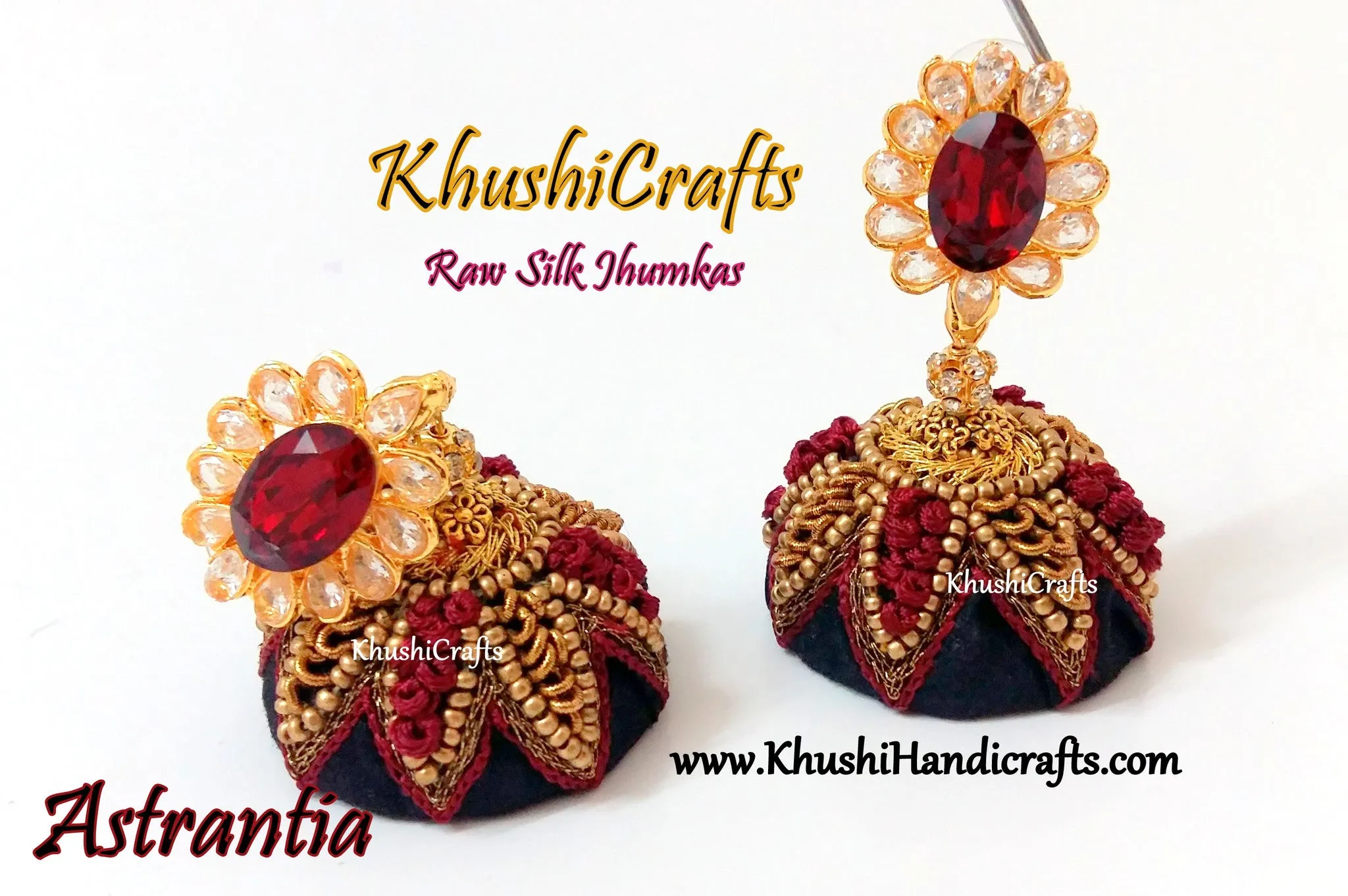 Black Raw silk Jhumkas with Hand embroidery in Maroon(Zardosi & Aari /Maggam work)!