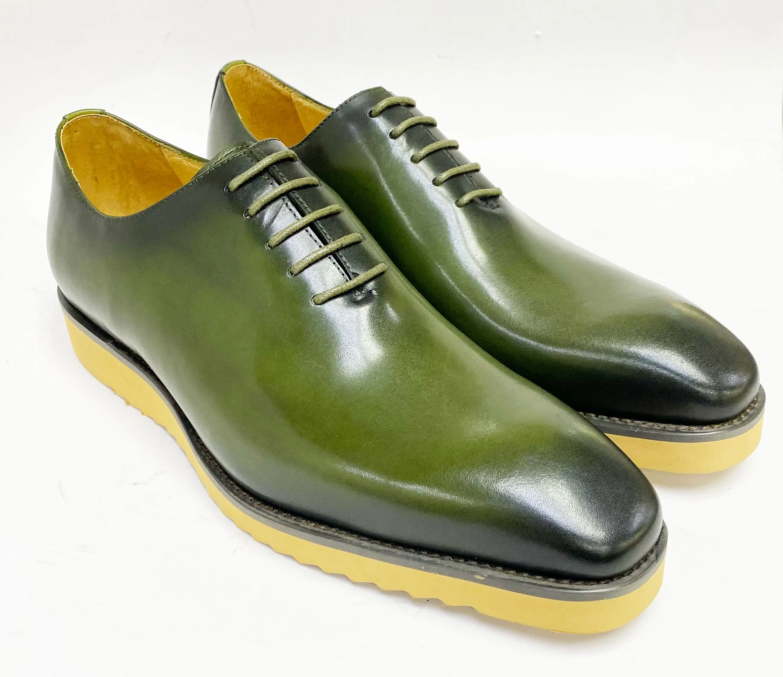 Burnished Calfskin Lace-Up Shoe Olive