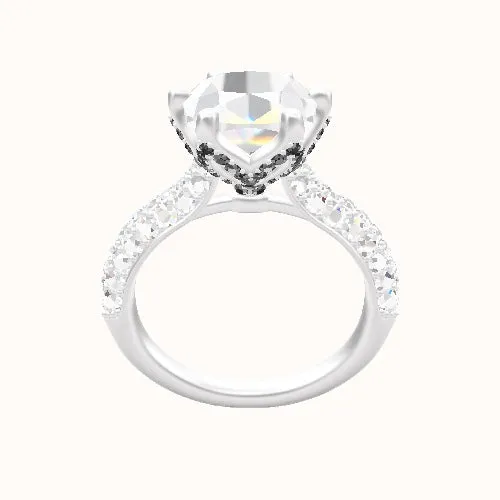 Cathedral Three Row Pave Engagement Ring With Pave Petal Six Prong Head