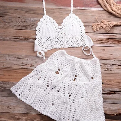 Cotton Solid Pattern Crochet Skirt Two Piece Swimwear for Women