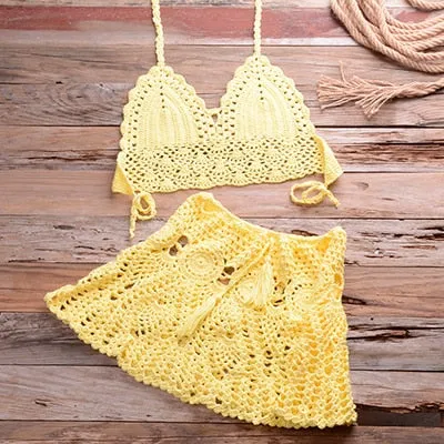 Cotton Solid Pattern Crochet Skirt Two Piece Swimwear for Women