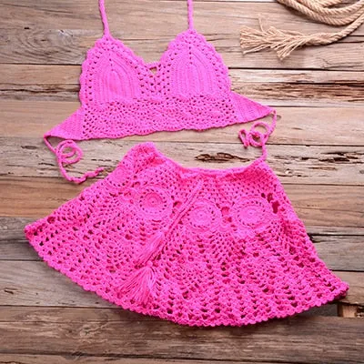 Cotton Solid Pattern Crochet Skirt Two Piece Swimwear for Women