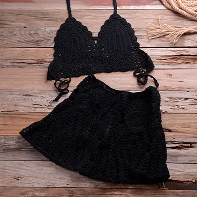 Cotton Solid Pattern Crochet Skirt Two Piece Swimwear for Women