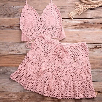 Cotton Solid Pattern Crochet Skirt Two Piece Swimwear for Women