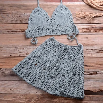 Cotton Solid Pattern Crochet Skirt Two Piece Swimwear for Women