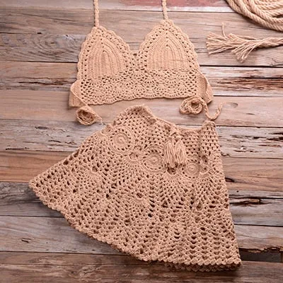 Cotton Solid Pattern Crochet Skirt Two Piece Swimwear for Women