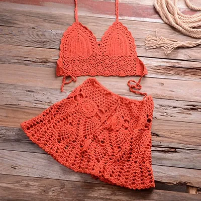 Cotton Solid Pattern Crochet Skirt Two Piece Swimwear for Women