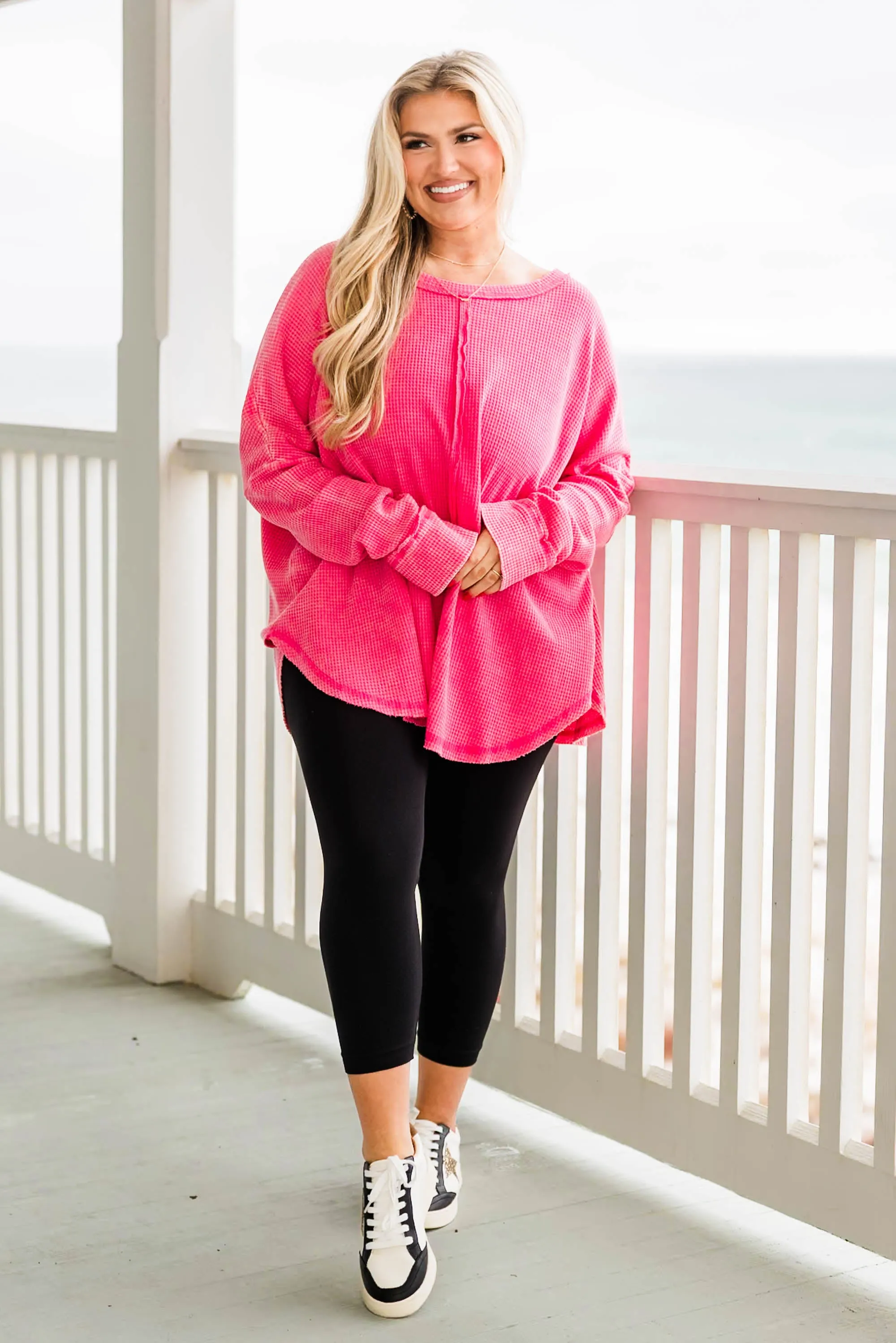 Cozy Waffle Pullover, Fuchsia