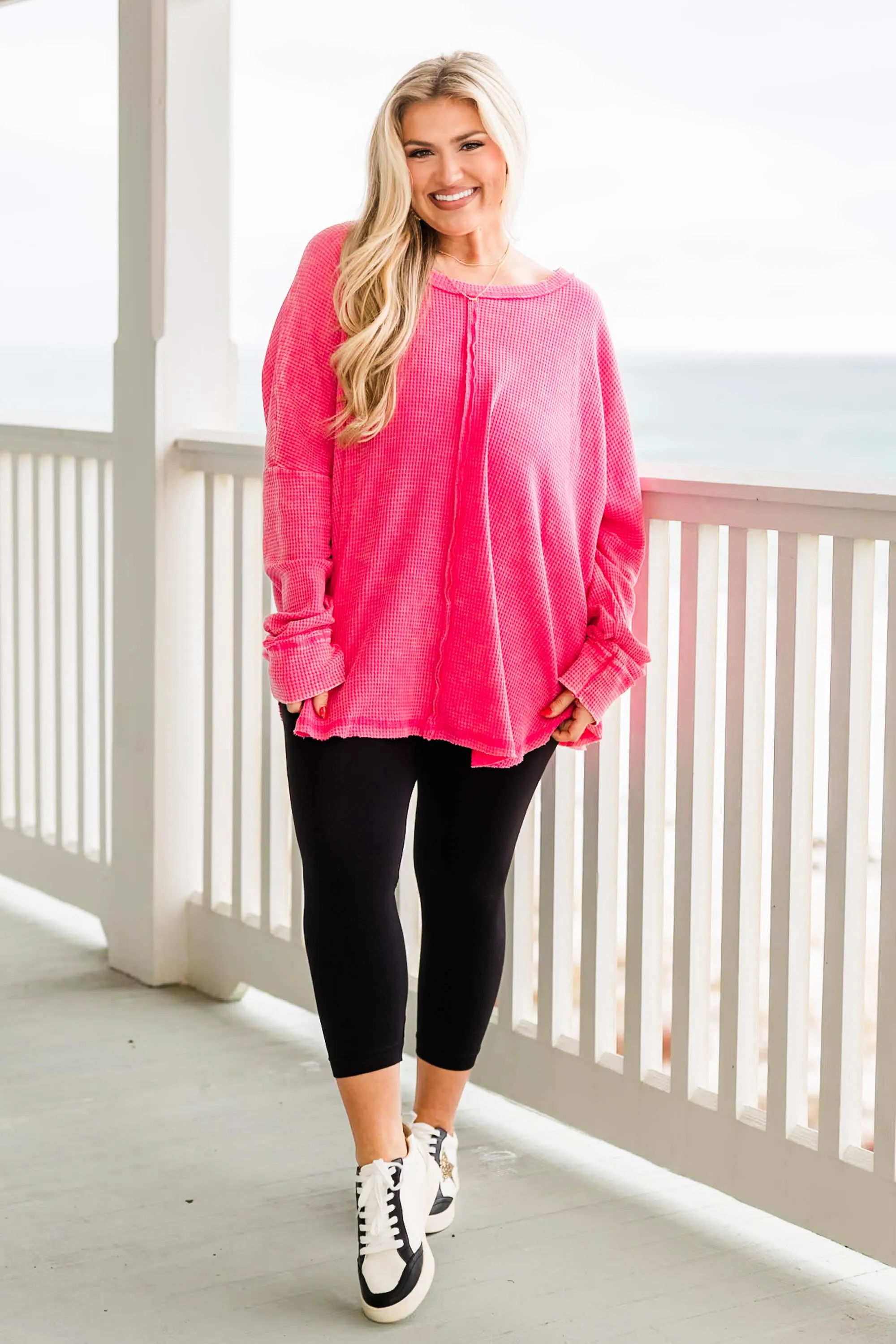 Cozy Waffle Pullover, Fuchsia