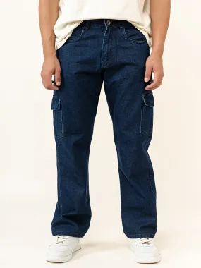 Dark Blue Straight Fit Men's Cargo Denim Jeans