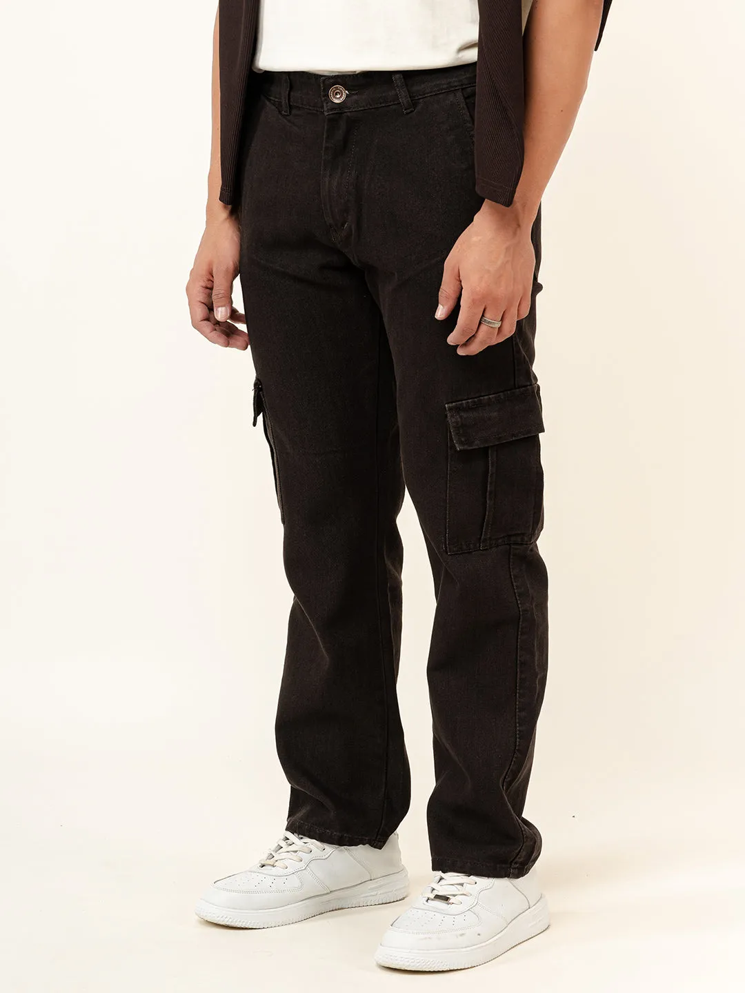 Dark Brown Straight Fit Cargo Denim Jeans