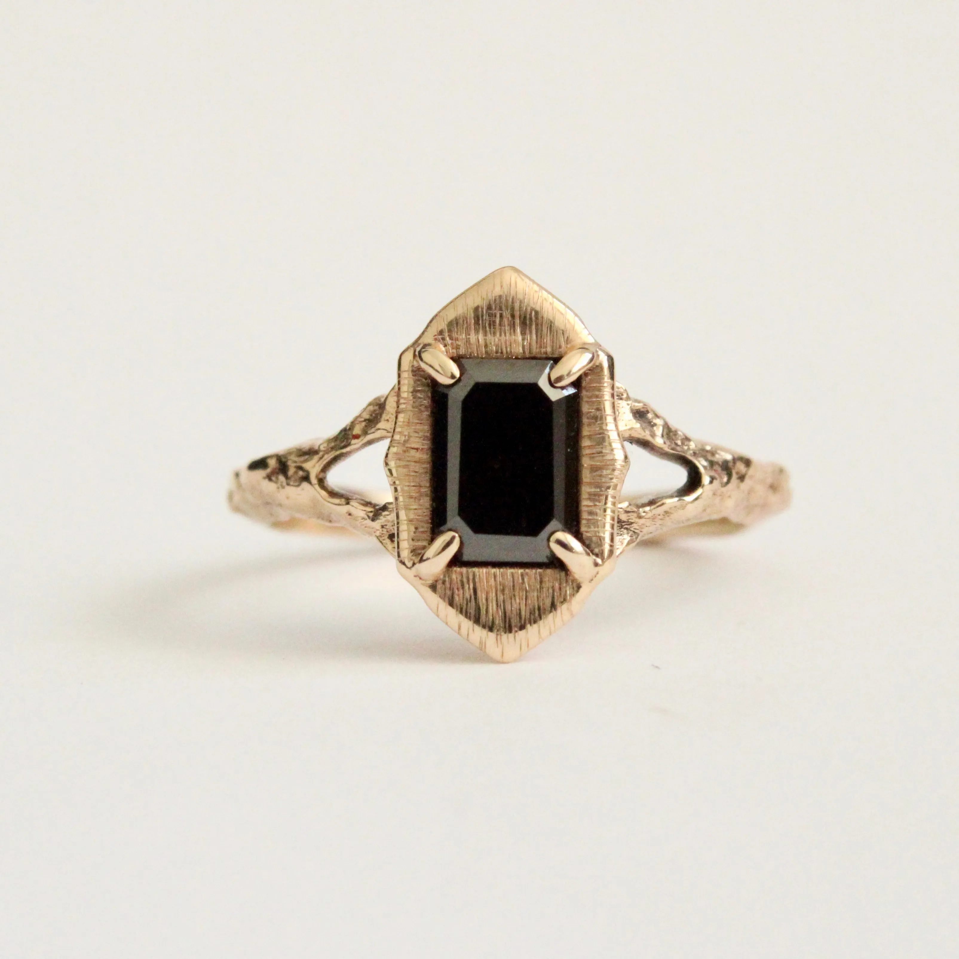 Emerald Cut Black Diamond Ring in 14 Karat Yellow Gold