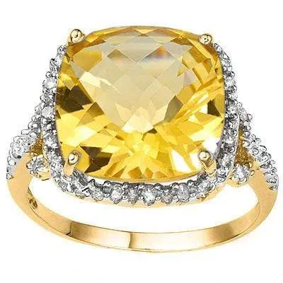 EXCELLENT 6.42 CT CITRINE & 18 PCS WHITE DIAMOND 10K SOLID YELLOW GOLD RING