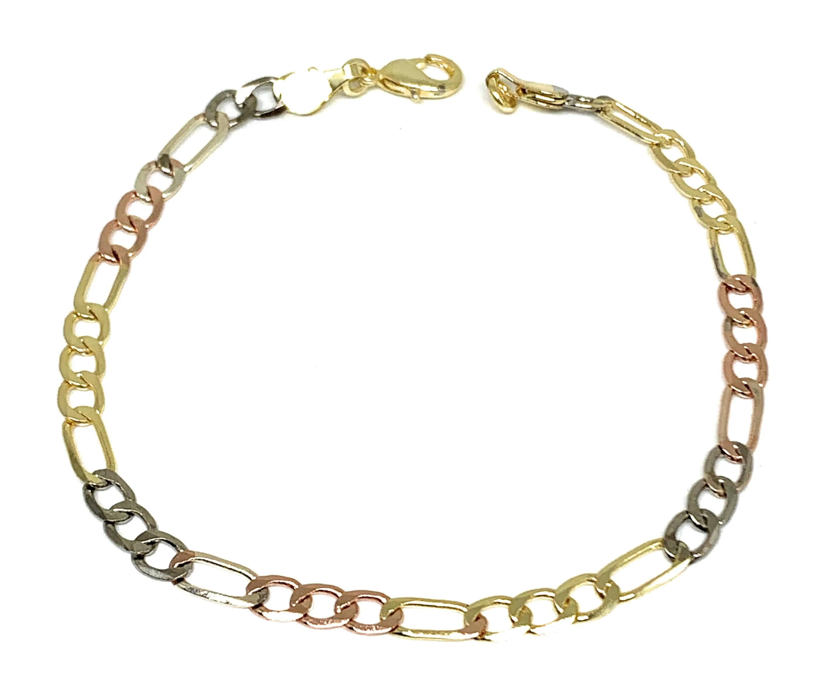 Gold Plated Tri-Color Figaro Bracelet 8” 5mm Width Esclava