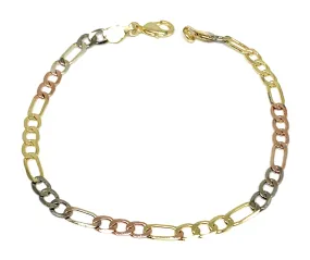 Gold Plated Tri-Color Figaro Bracelet 8” 5mm Width Esclava