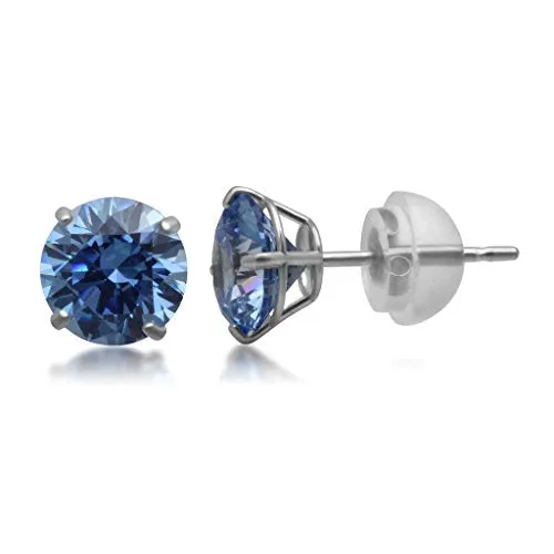 Jewelili 10K White Gold with Blue Cubic Zirconia Stud Earrings