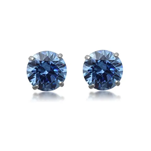 Jewelili 10K White Gold with Blue Cubic Zirconia Stud Earrings