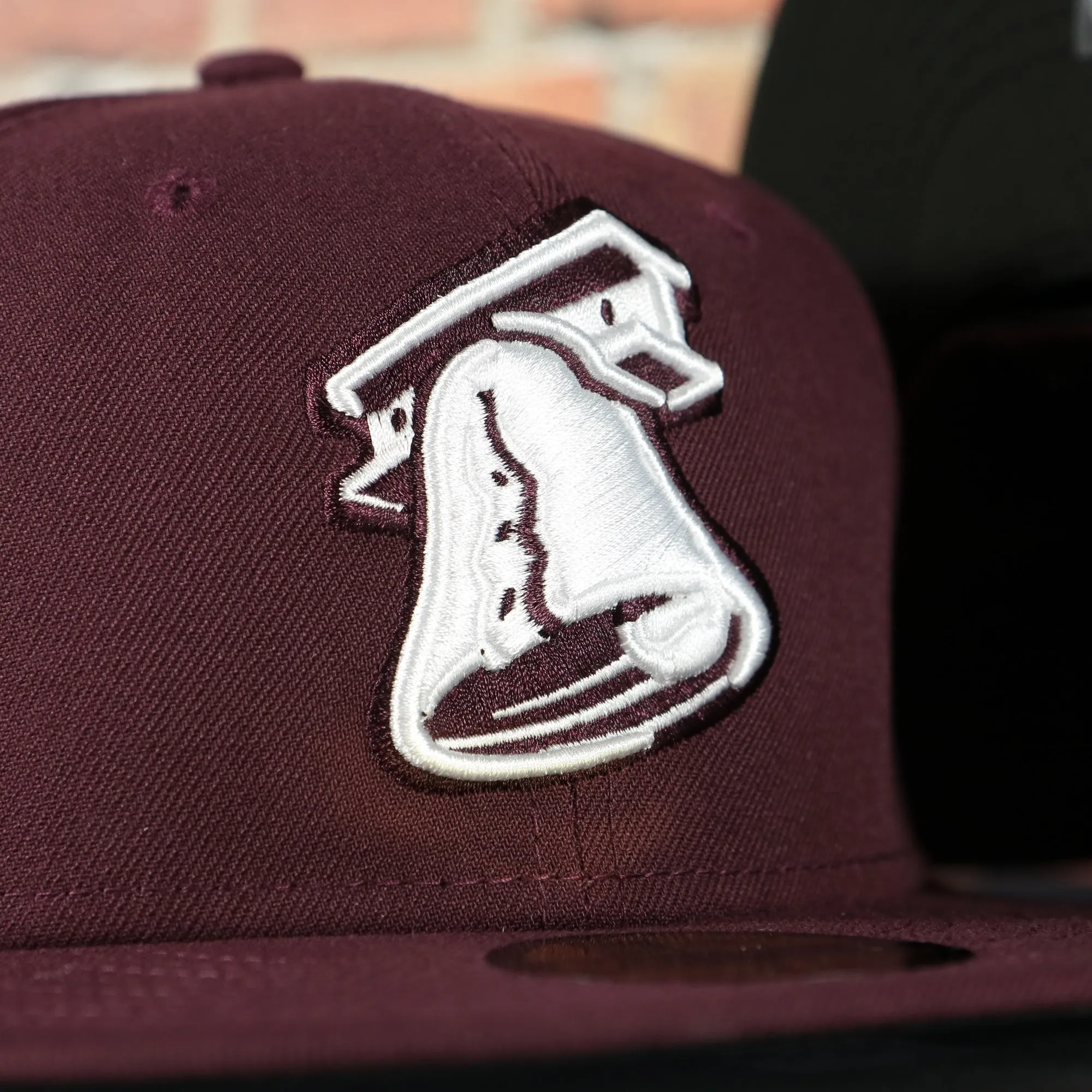 Lehigh Valley Ironpigs On Field Plain Jane 2014 Ironpigs Liberty Bell Logo MiLB Black Bottom | Maroon 59Fifty Fitted Cap