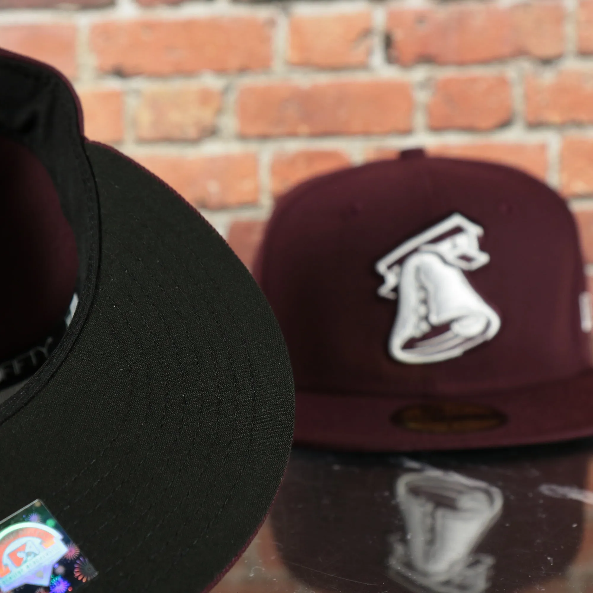 Lehigh Valley Ironpigs On Field Plain Jane 2014 Ironpigs Liberty Bell Logo MiLB Black Bottom | Maroon 59Fifty Fitted Cap