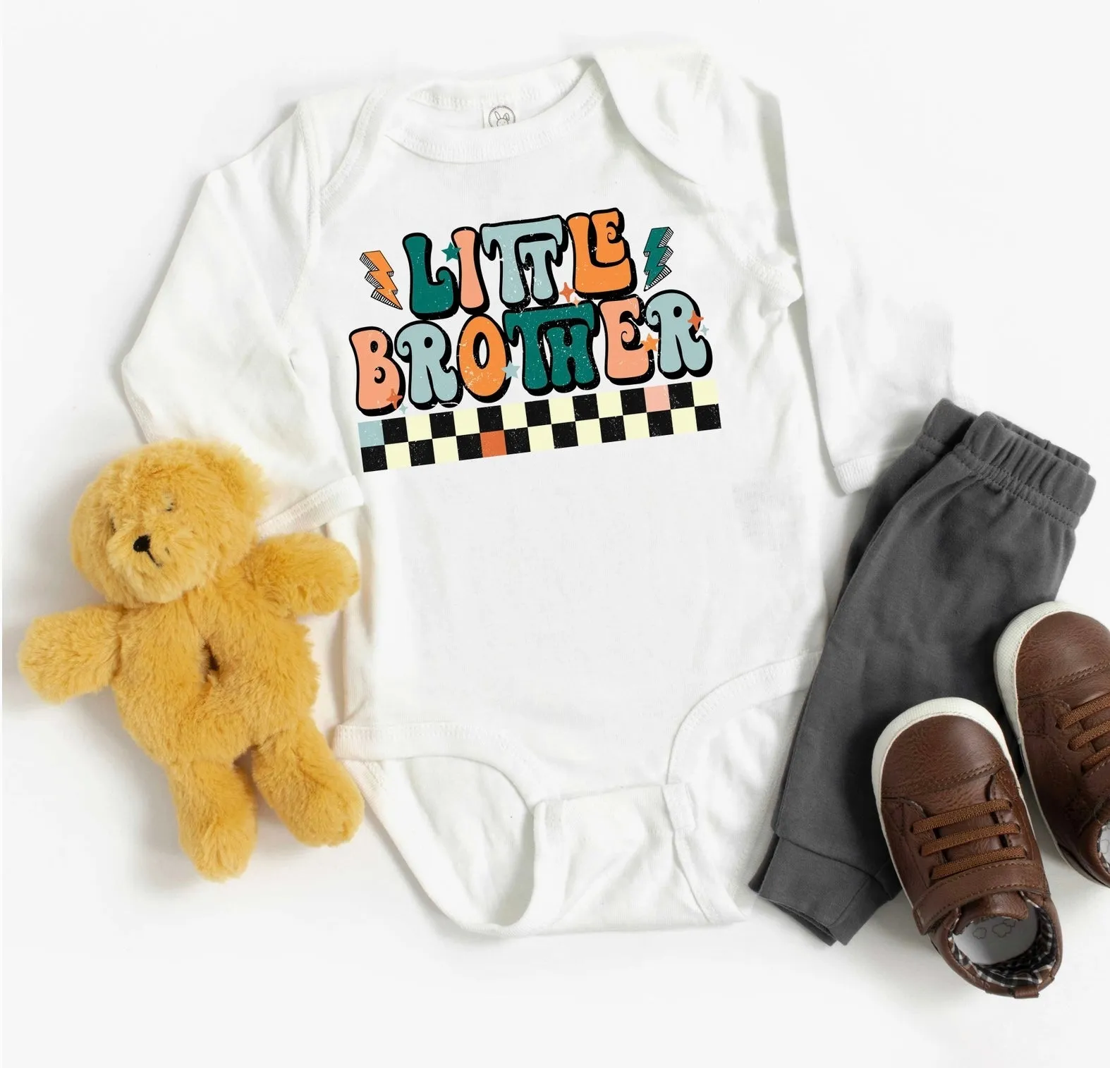 Little Brother L/S T-Shirt or Onesie / Checkered Graphics on White or Gray