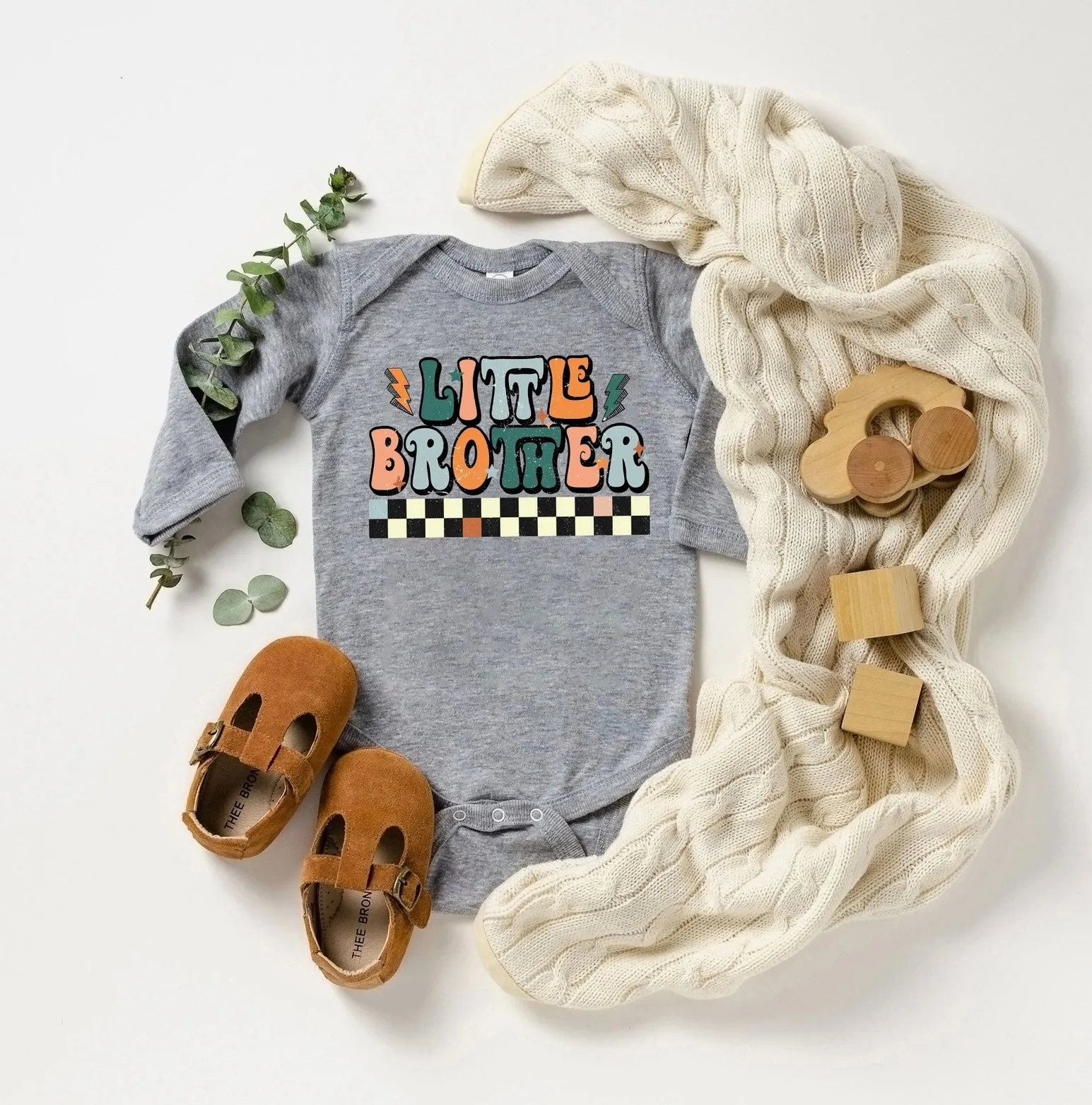 Little Brother L/S T-Shirt or Onesie / Checkered Graphics on White or Gray