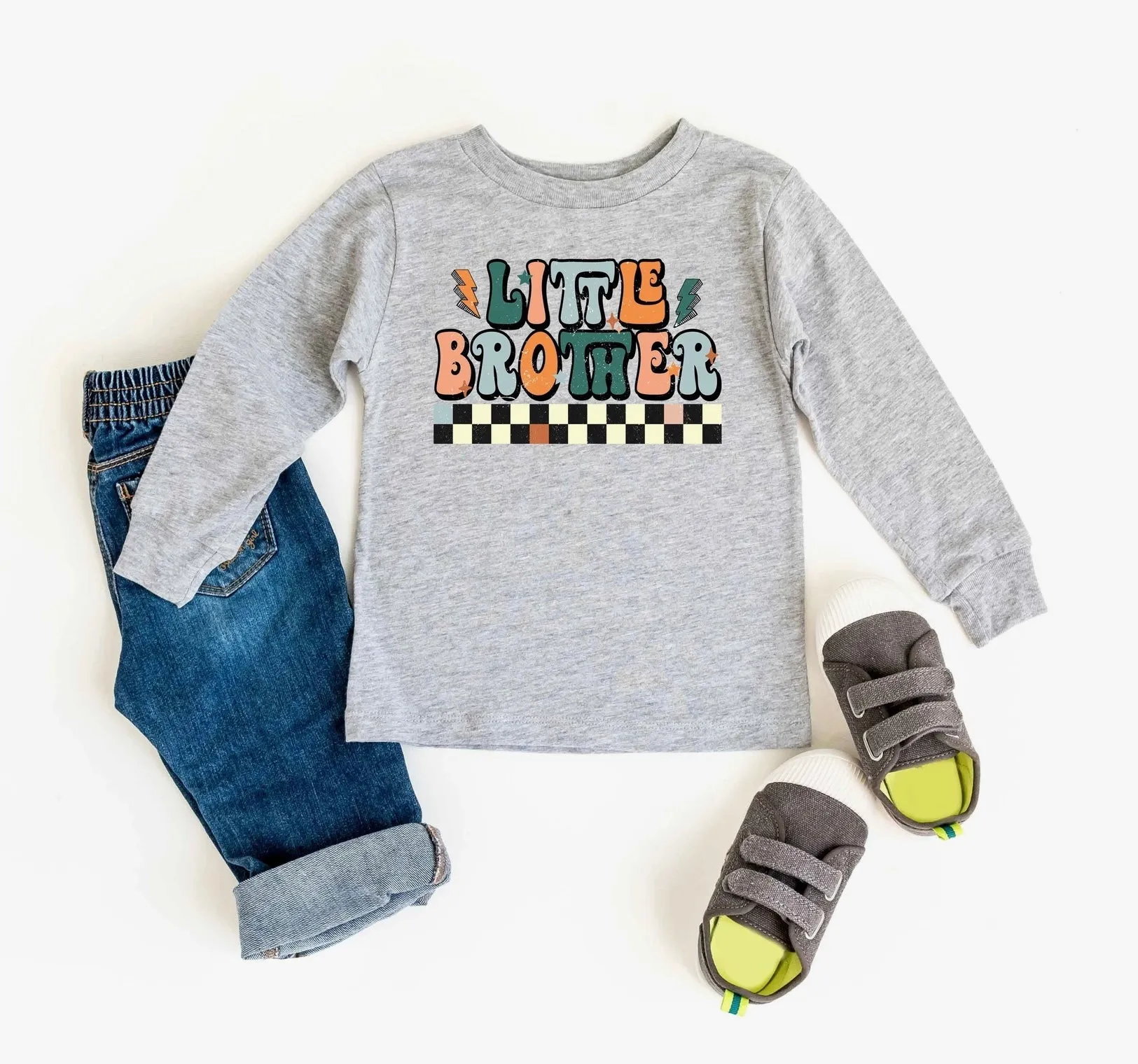 Little Brother L/S T-Shirt or Onesie / Checkered Graphics on White or Gray