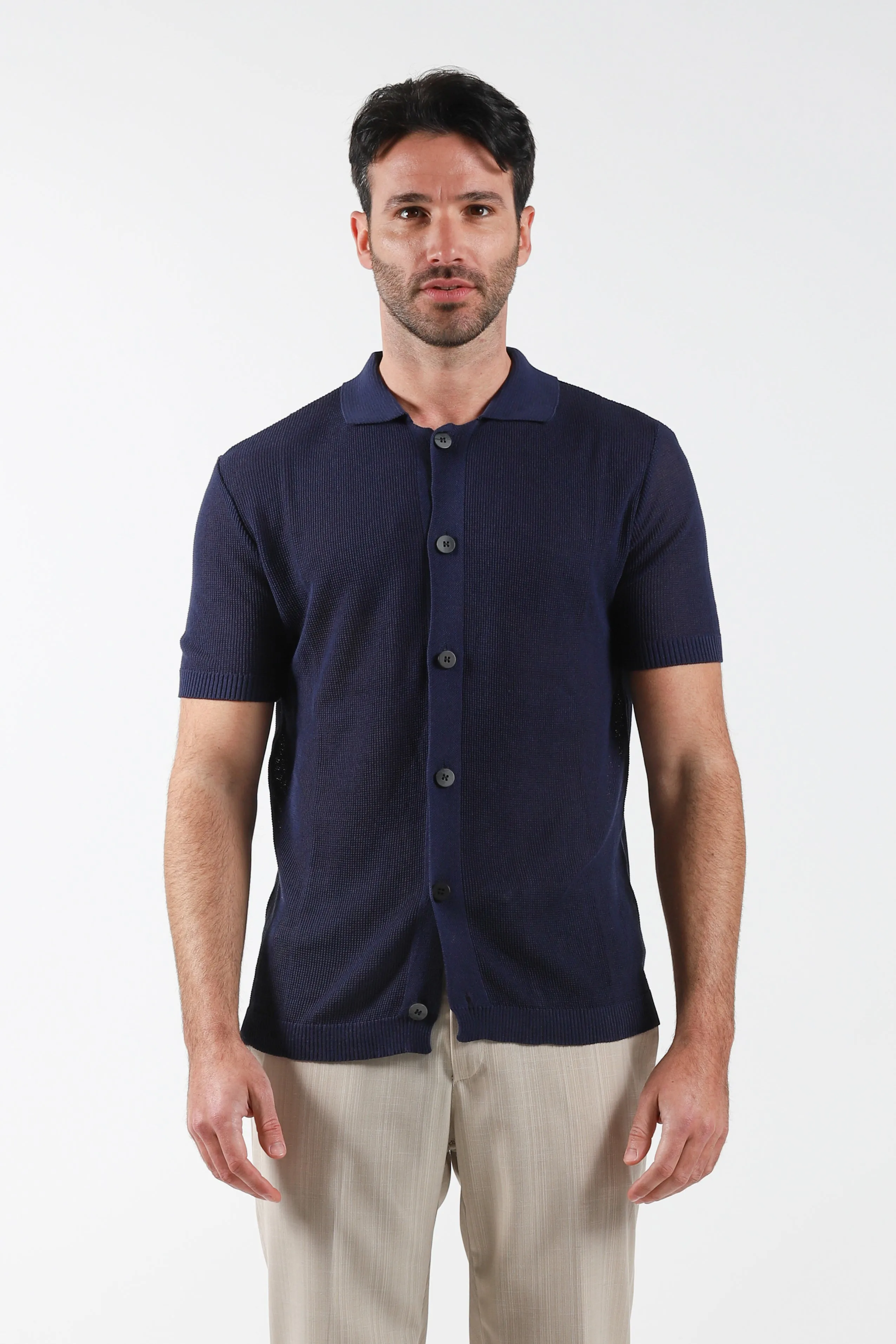 Maglia in filo mezza manica a camicia - Blue