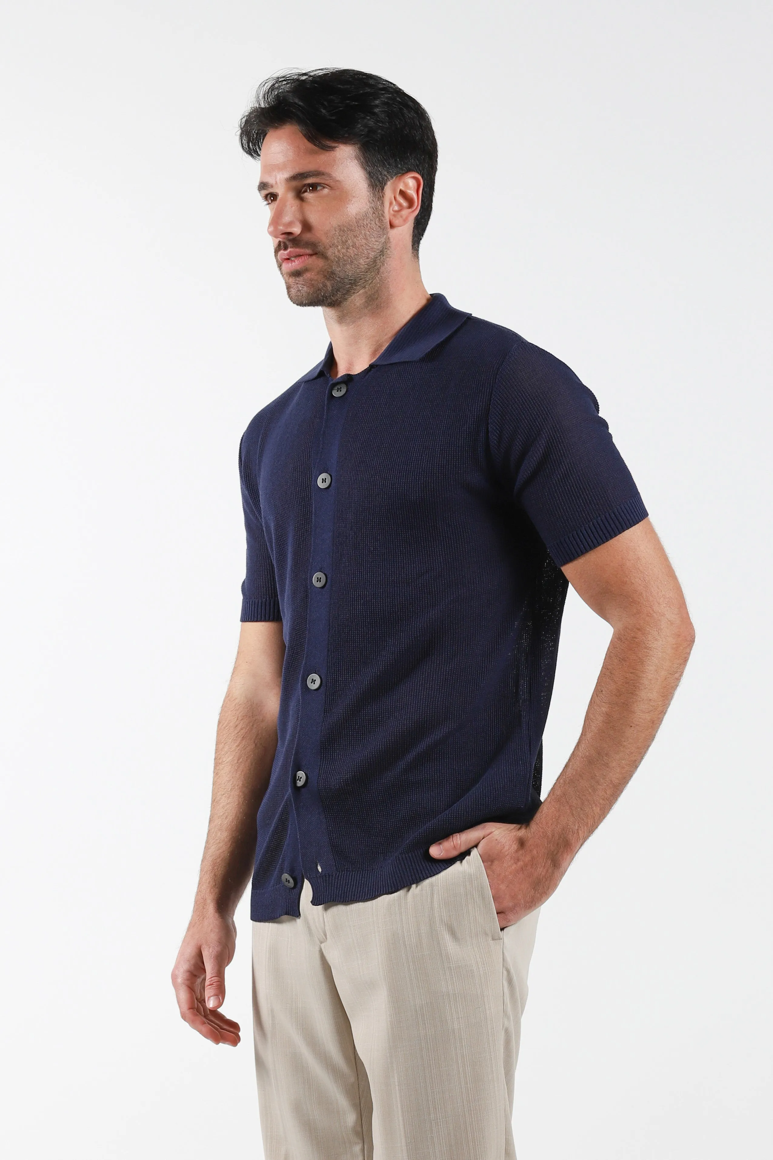 Maglia in filo mezza manica a camicia - Blue