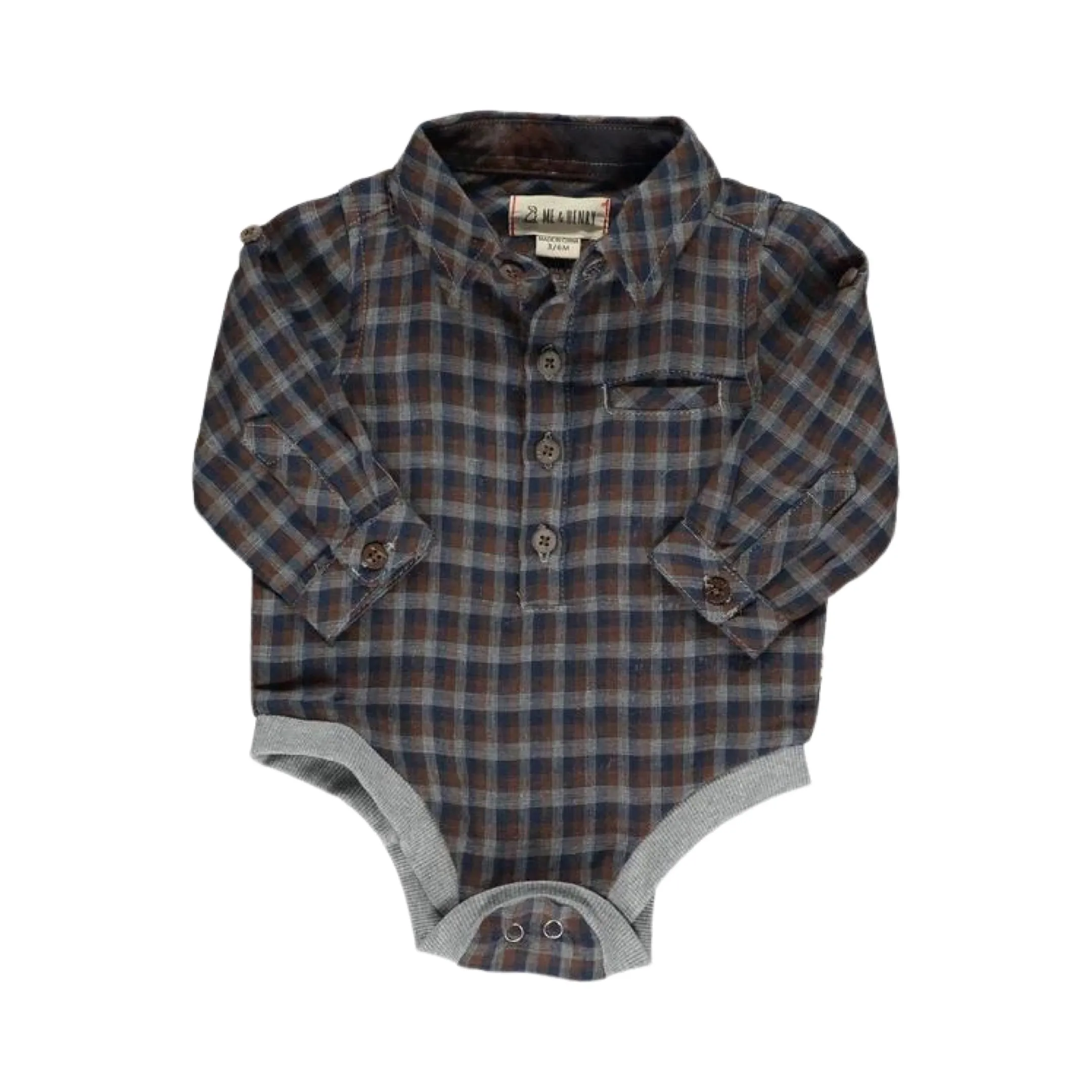 Me & Henry Plaid Woven Onesie - Navy/Brown Plaid