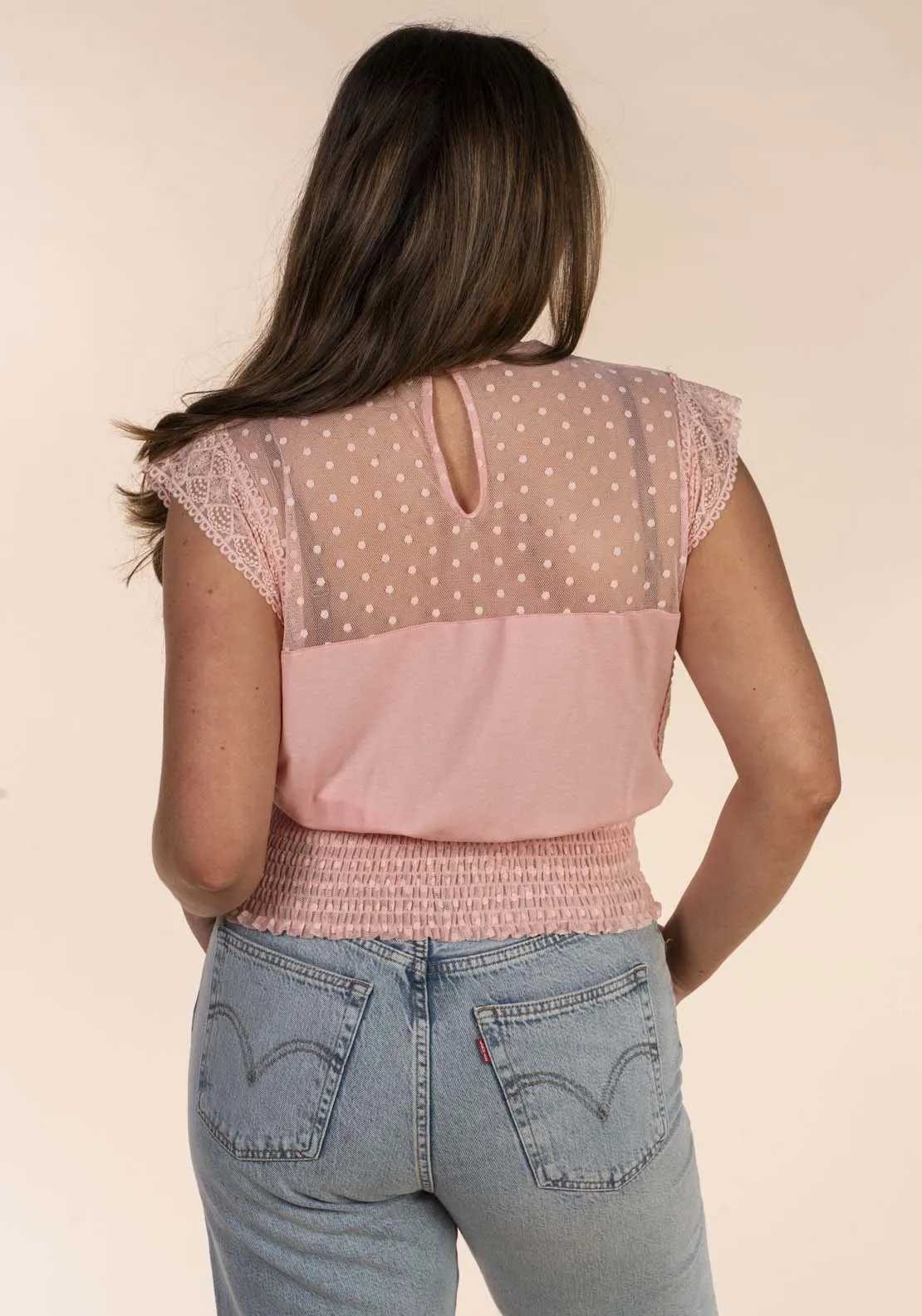 Mesh Yoke Elastic Hem Top - Pink