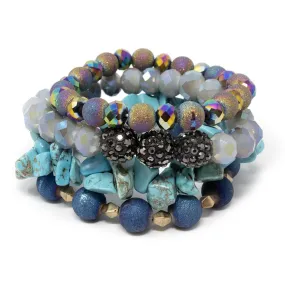 Multi Beaded Stretch Bracelets Set of Four Turquoise