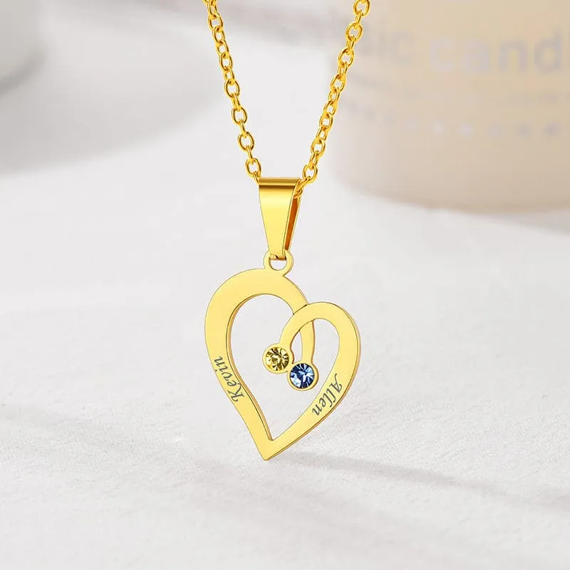 Personalized 2-4 Engravable Names Birthstones Heart Necklace For Women