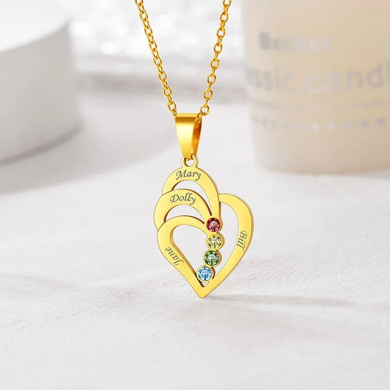 Personalized 2-4 Engravable Names Birthstones Heart Necklace For Women