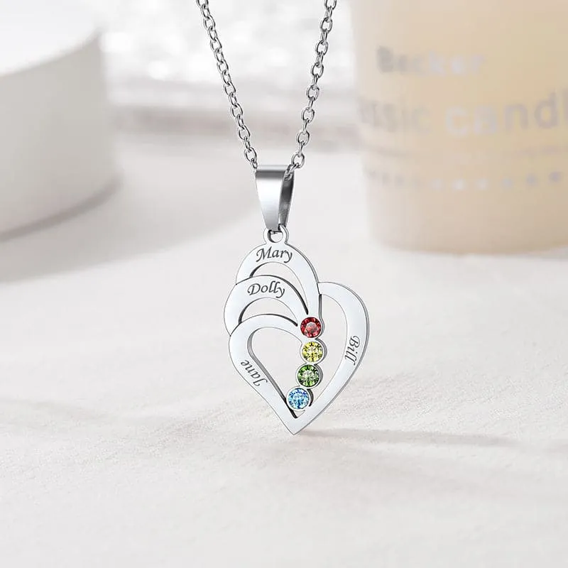 Personalized 2-4 Engravable Names Birthstones Heart Necklace For Women