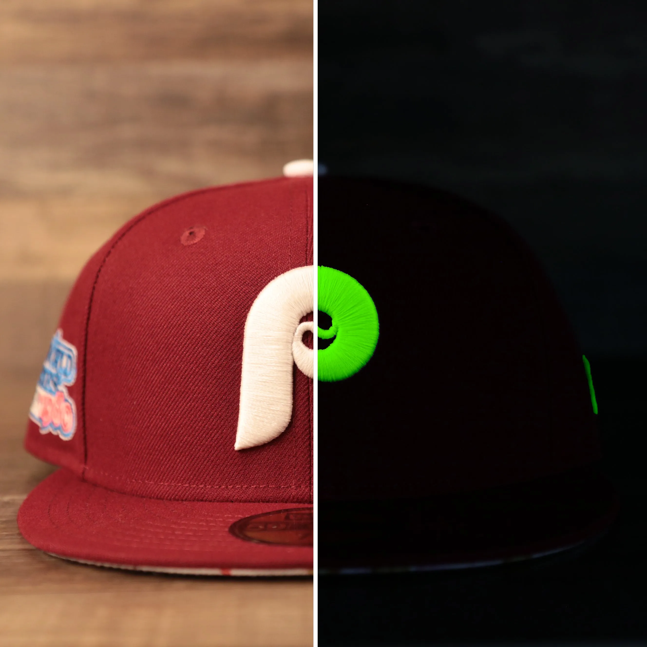 Philadelphia Phillies 1980 World Series Floral Bottom Maroon 59fifty Side Patch Fitted | Phillies Glow In The Dark Fitted Cap