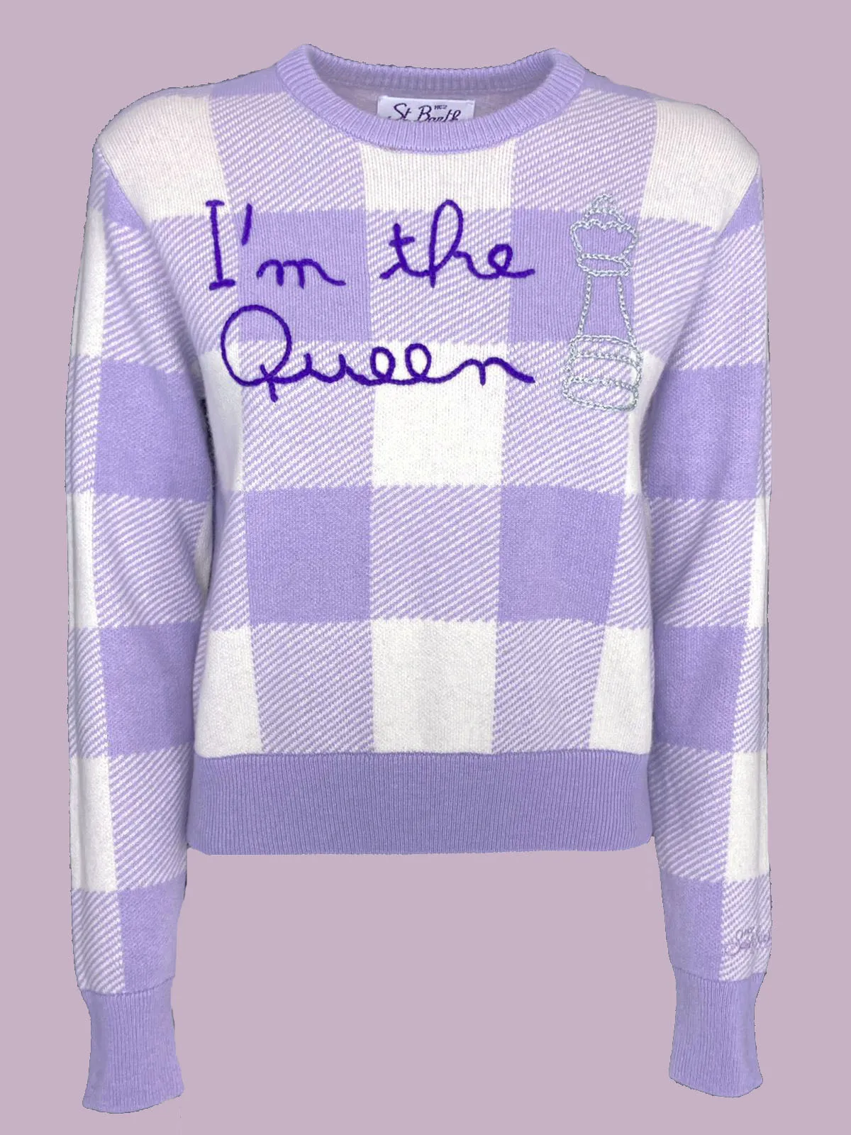 PULLOVER DONNA CHECK LILLA/BIANCO I'M THE QUEEN