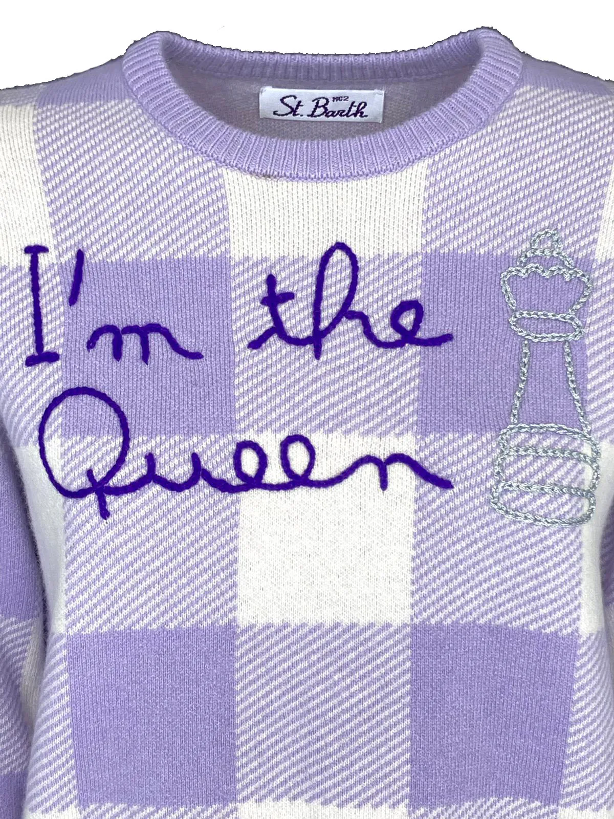 PULLOVER DONNA CHECK LILLA/BIANCO I'M THE QUEEN