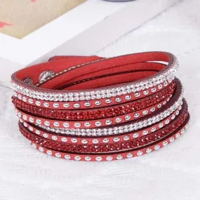 Red Leather Wrap Crystal Studded Bracelet